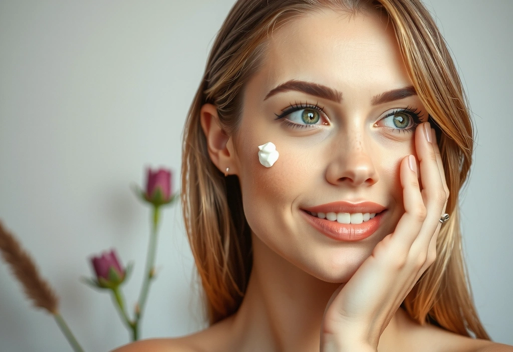 Woman applying natural face cream, glowing skin